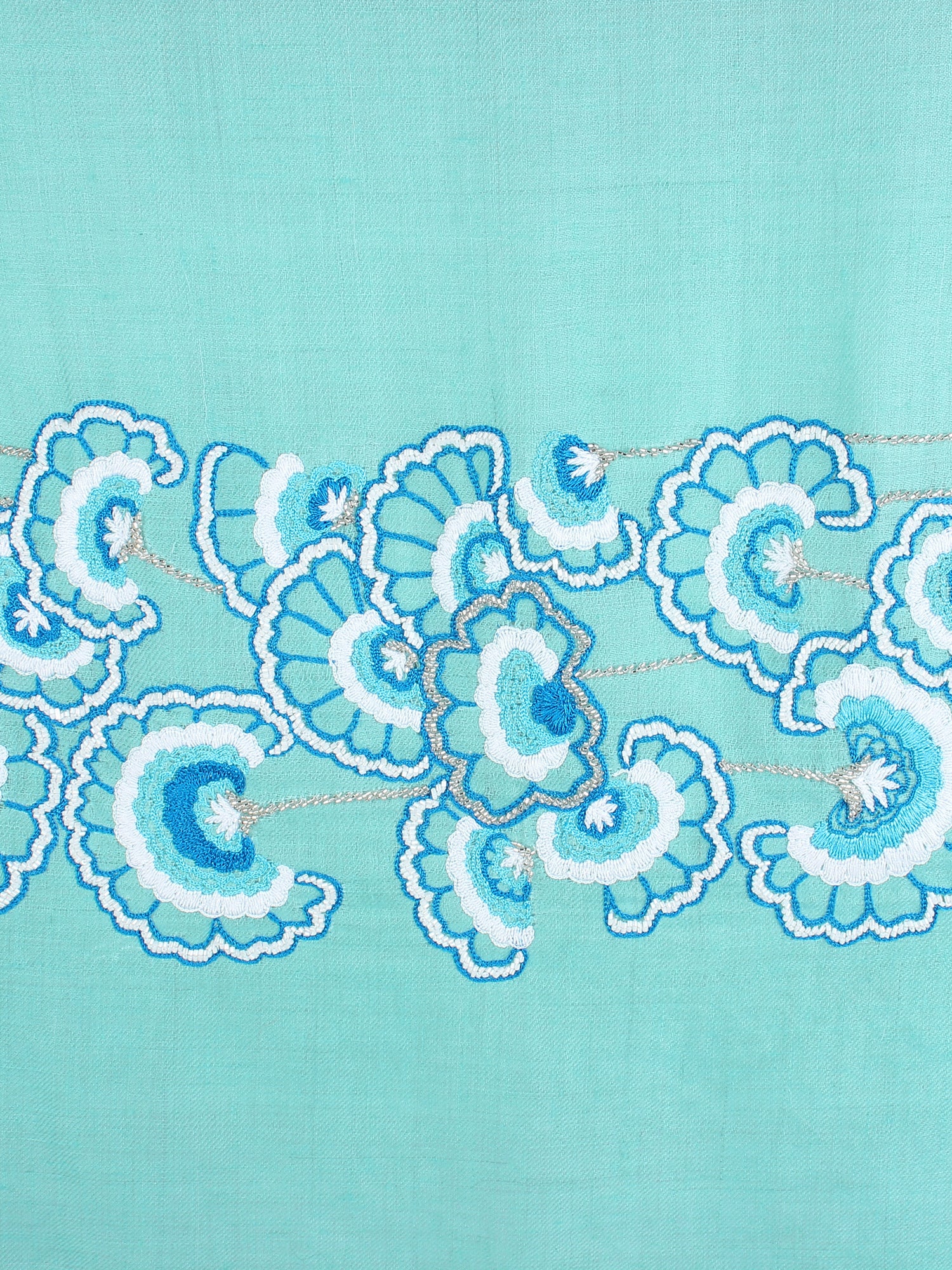 Turquoise Blue Pure Pashmina Shawl with hand embroidered floral pattern
