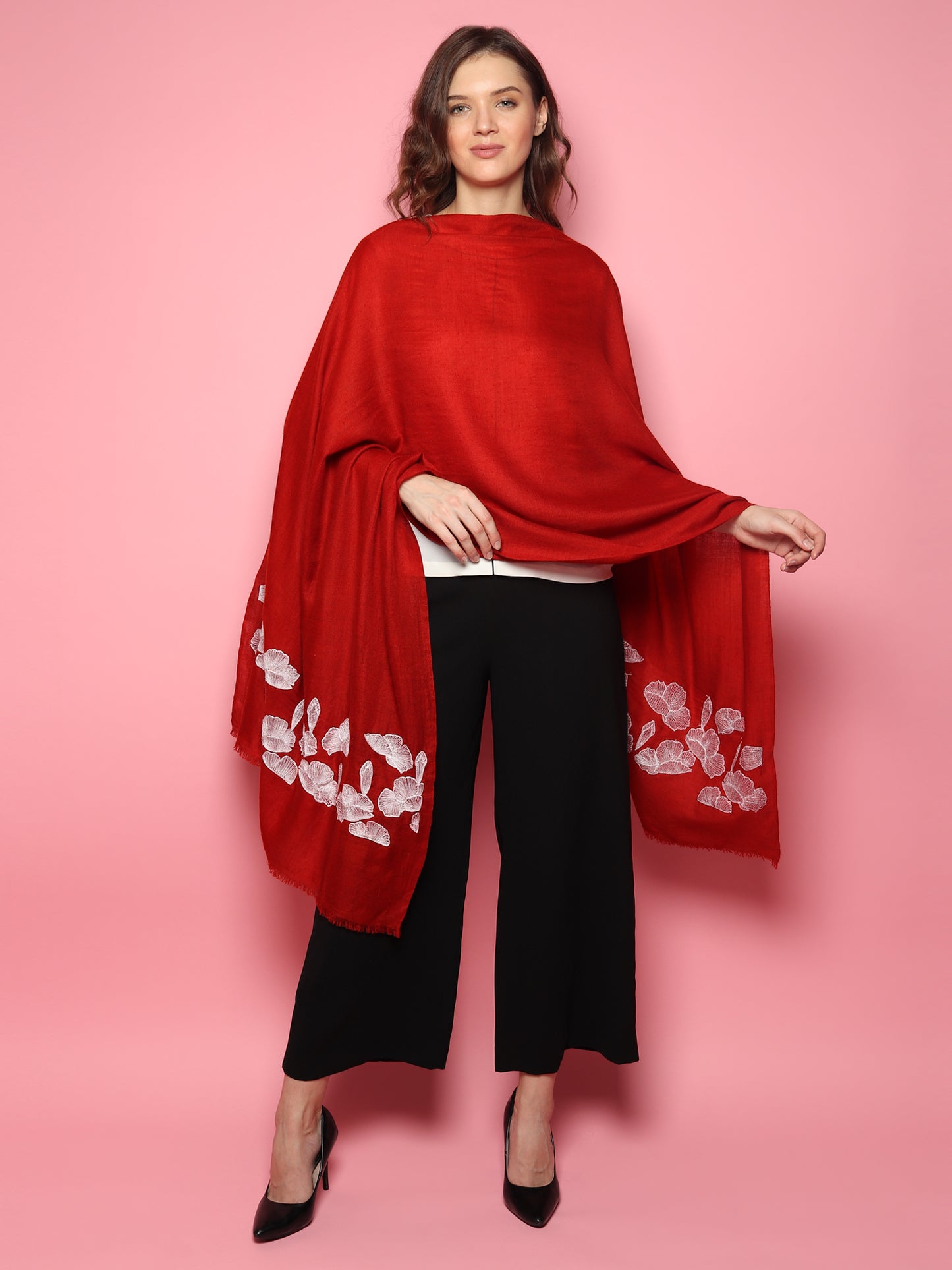 Red Pure Pashmina Shawl with white floral hand embroidery