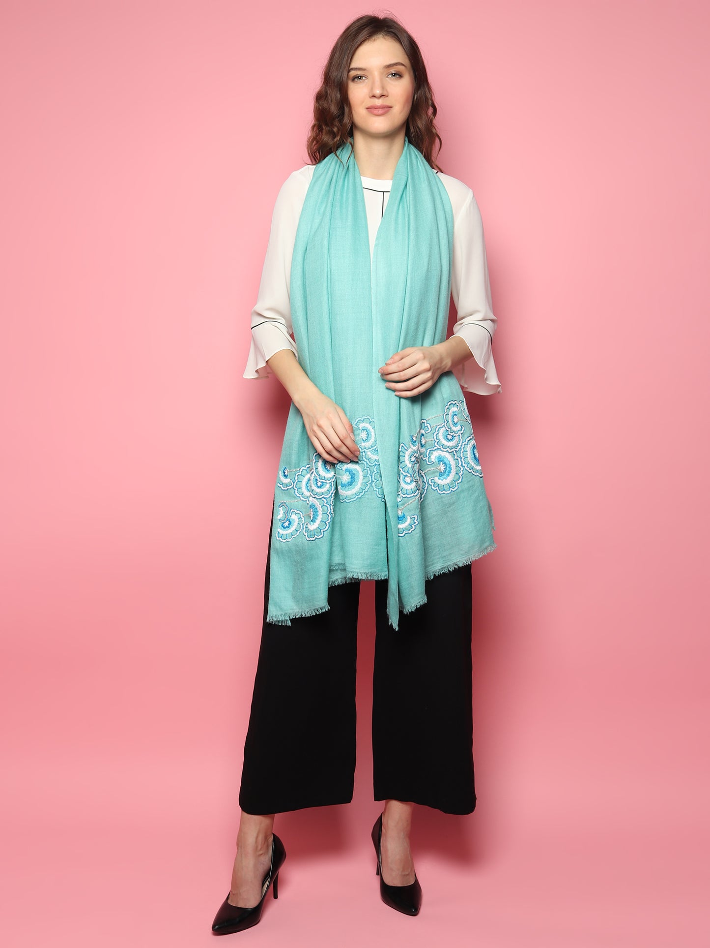 Turquoise Blue Pure Pashmina Shawl with hand embroidered floral pattern