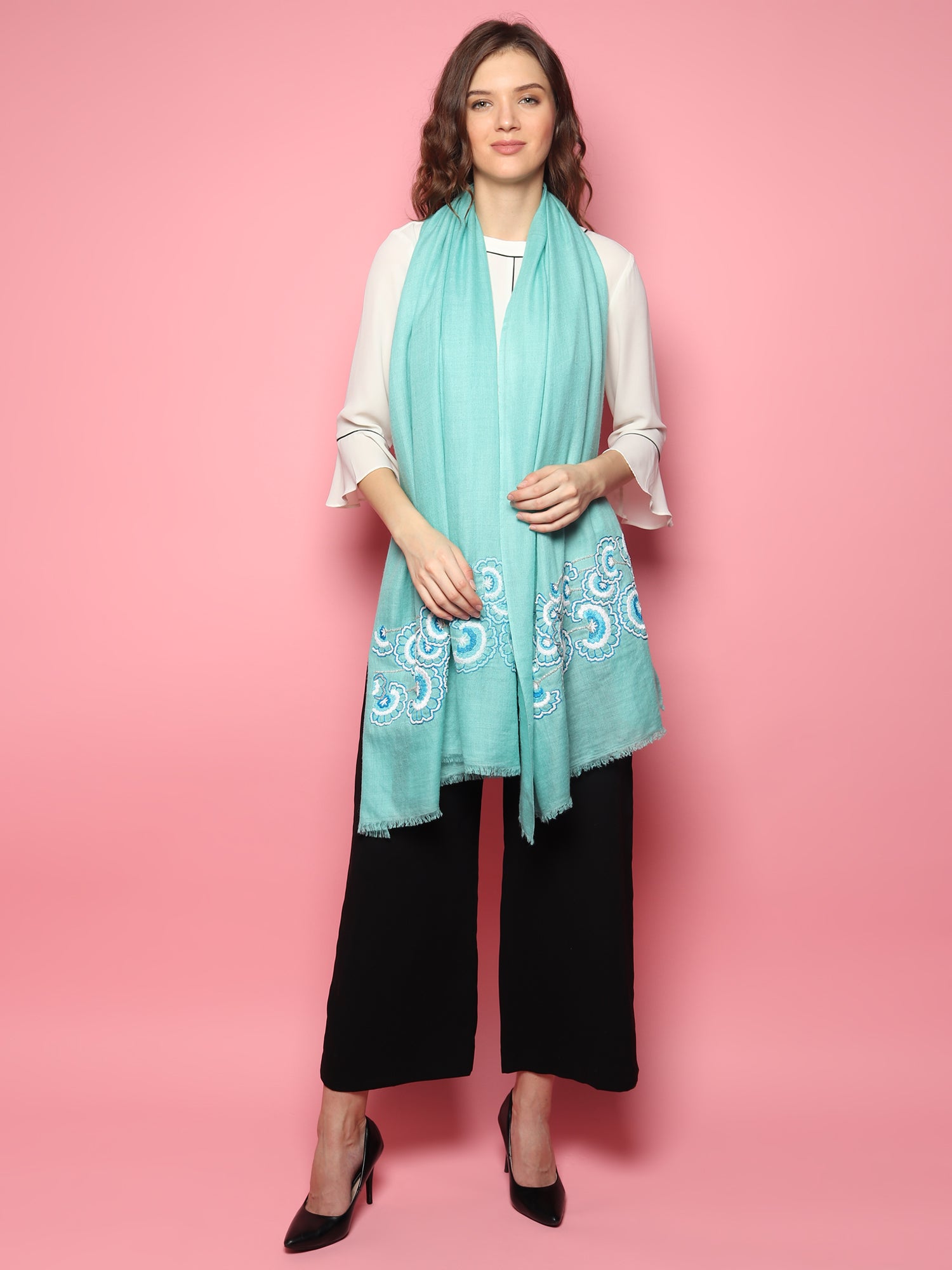 Turquoise Blue Pure Pashmina Shawl with hand embroidered floral pattern