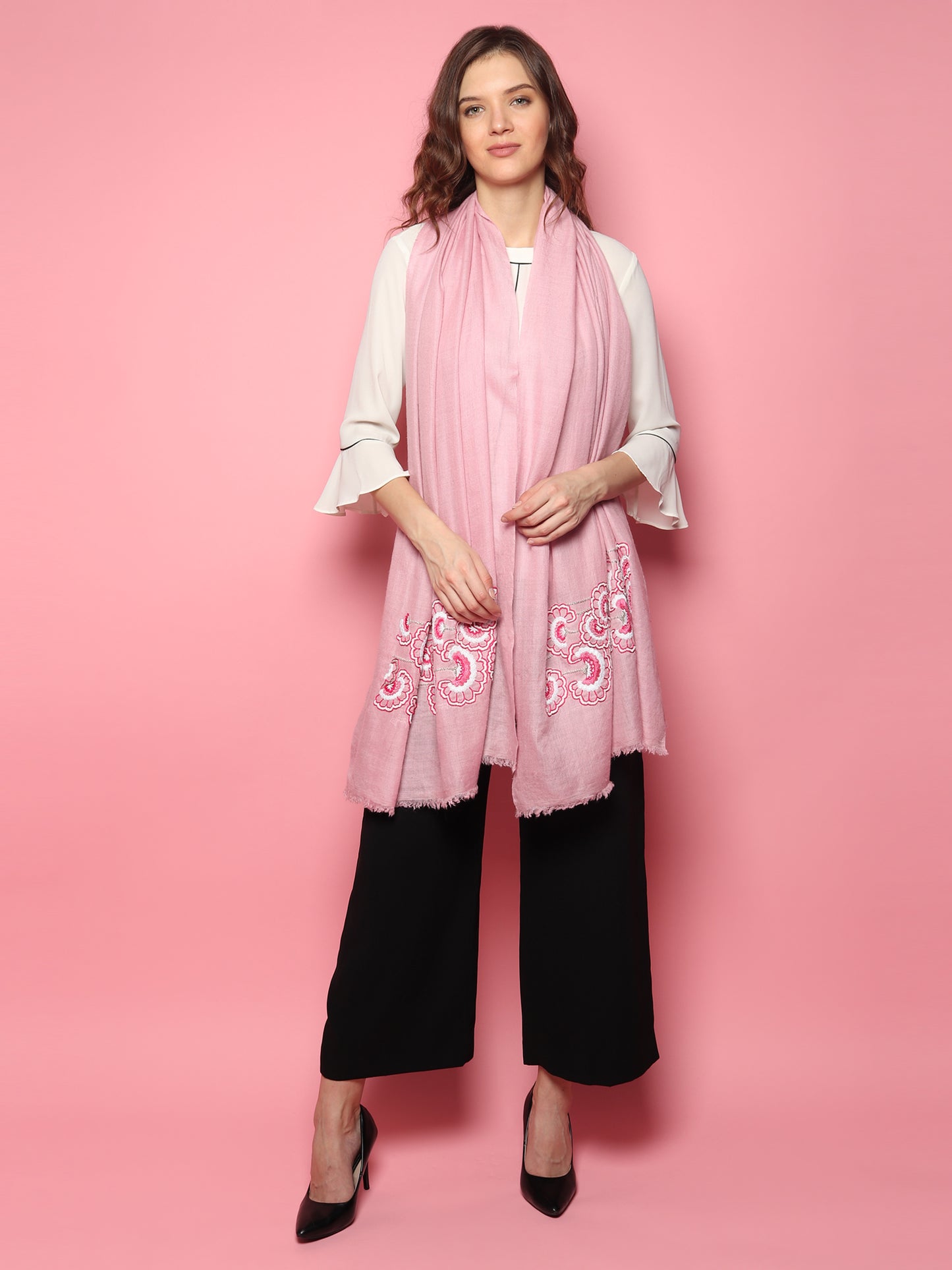 Baby Pink Pure Pashmina Shawl with hand embroidered floral artwork