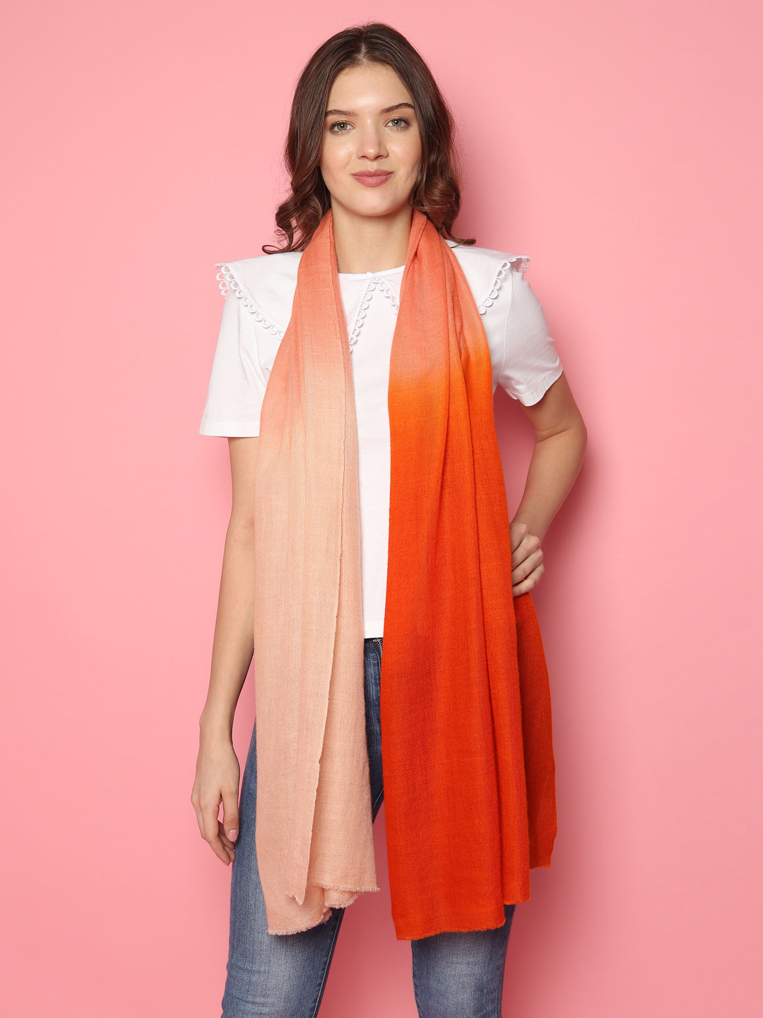Orange Beige Ombre Pure Pashmina Multi shaded Shawl
