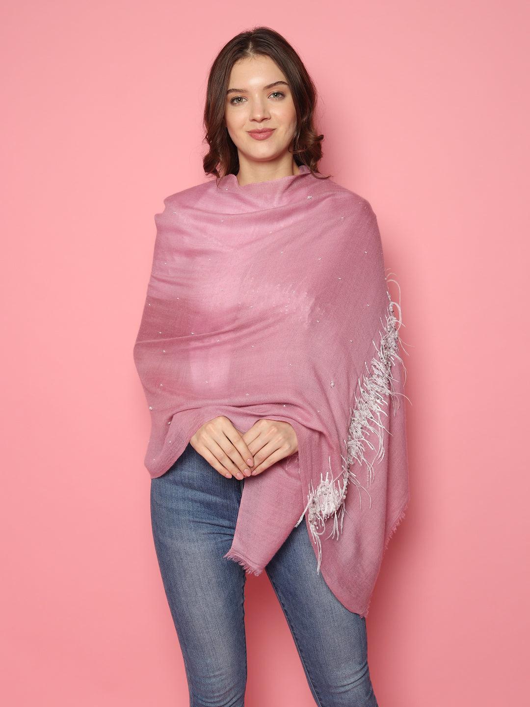 Pink Pure Pashmina Shawl with hand embroidered feather border