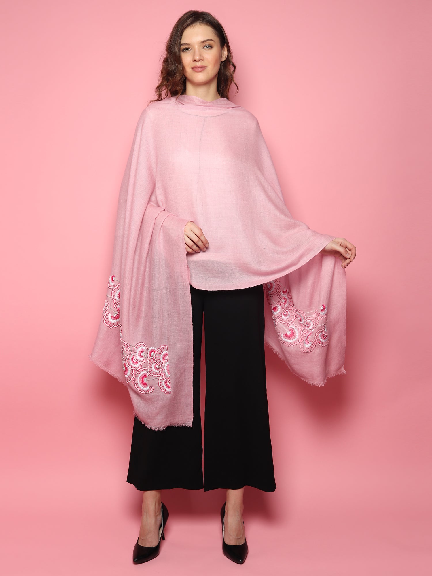 Baby Pink Pure Pashmina Shawl with hand embroidered floral artwork