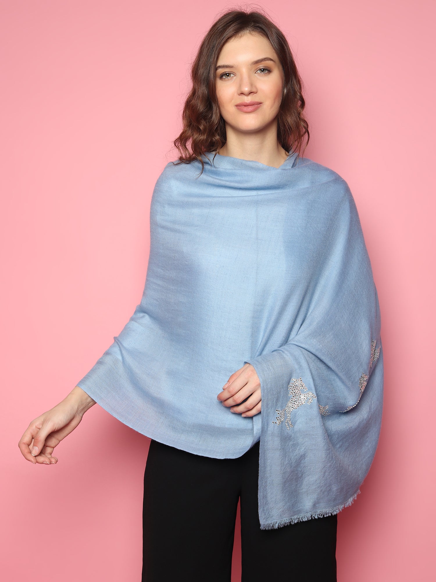 Blue Swarovski Pashmina Shawl with Crystal Horse Border
