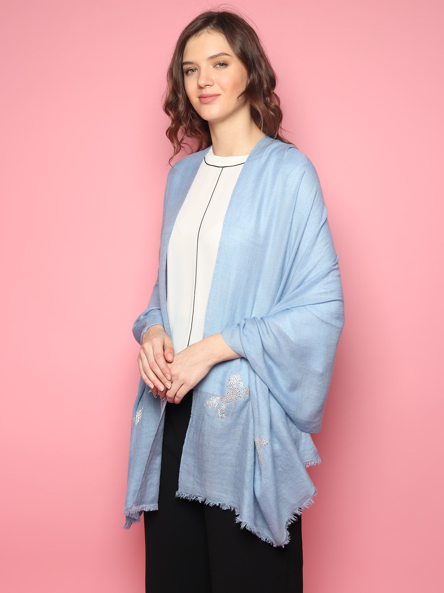 Blue Swarovski Pashmina Shawl with Crystal Horse Border