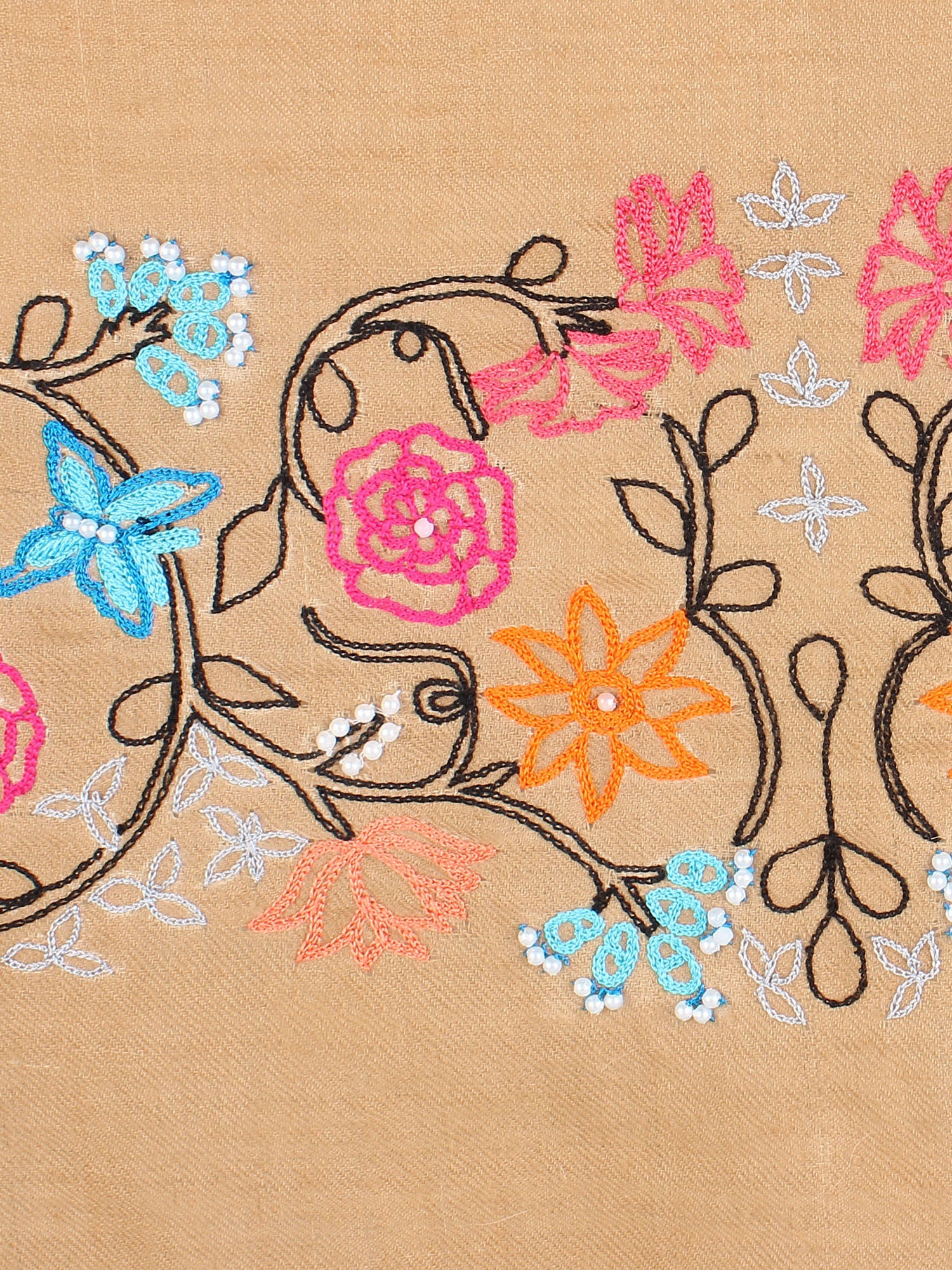 Brown Pure Pashmina Shawl with hand embroidered floral pattern