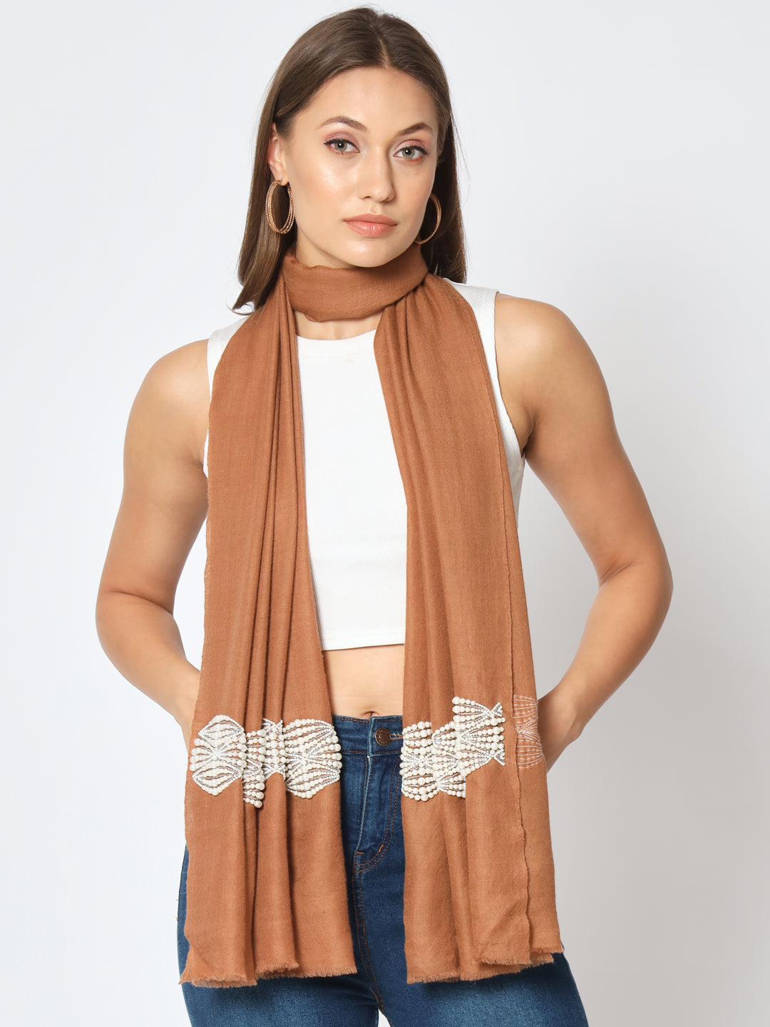 Brown Pure Pashmina Shawl embellished with pearls