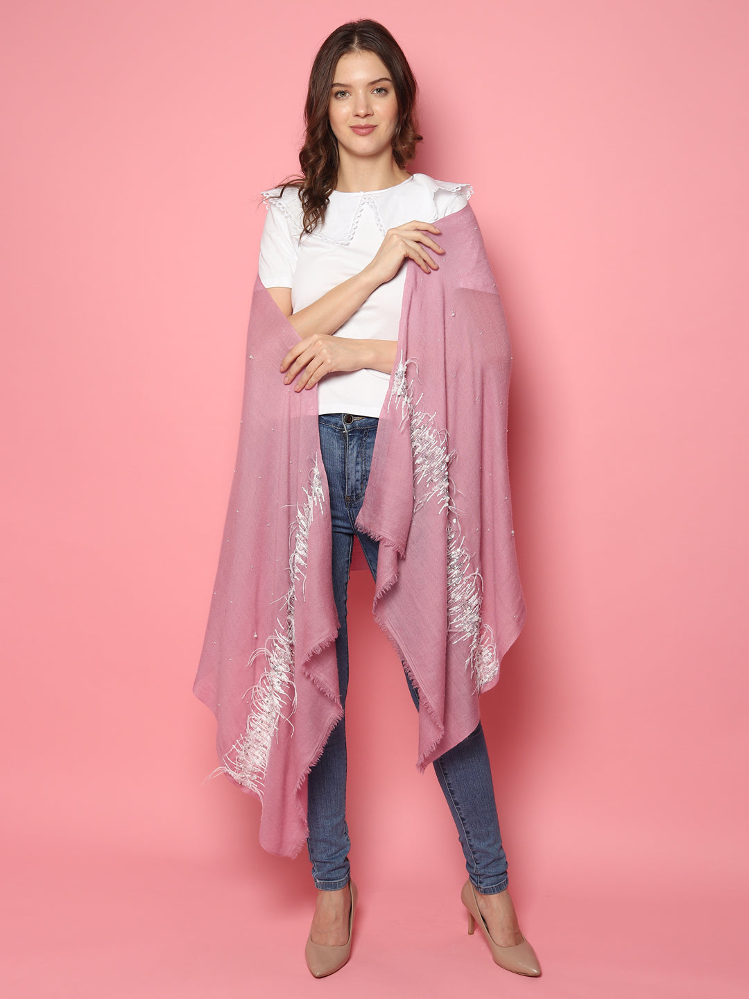 Pink Pure Pashmina Shawl with hand embroidered feather border