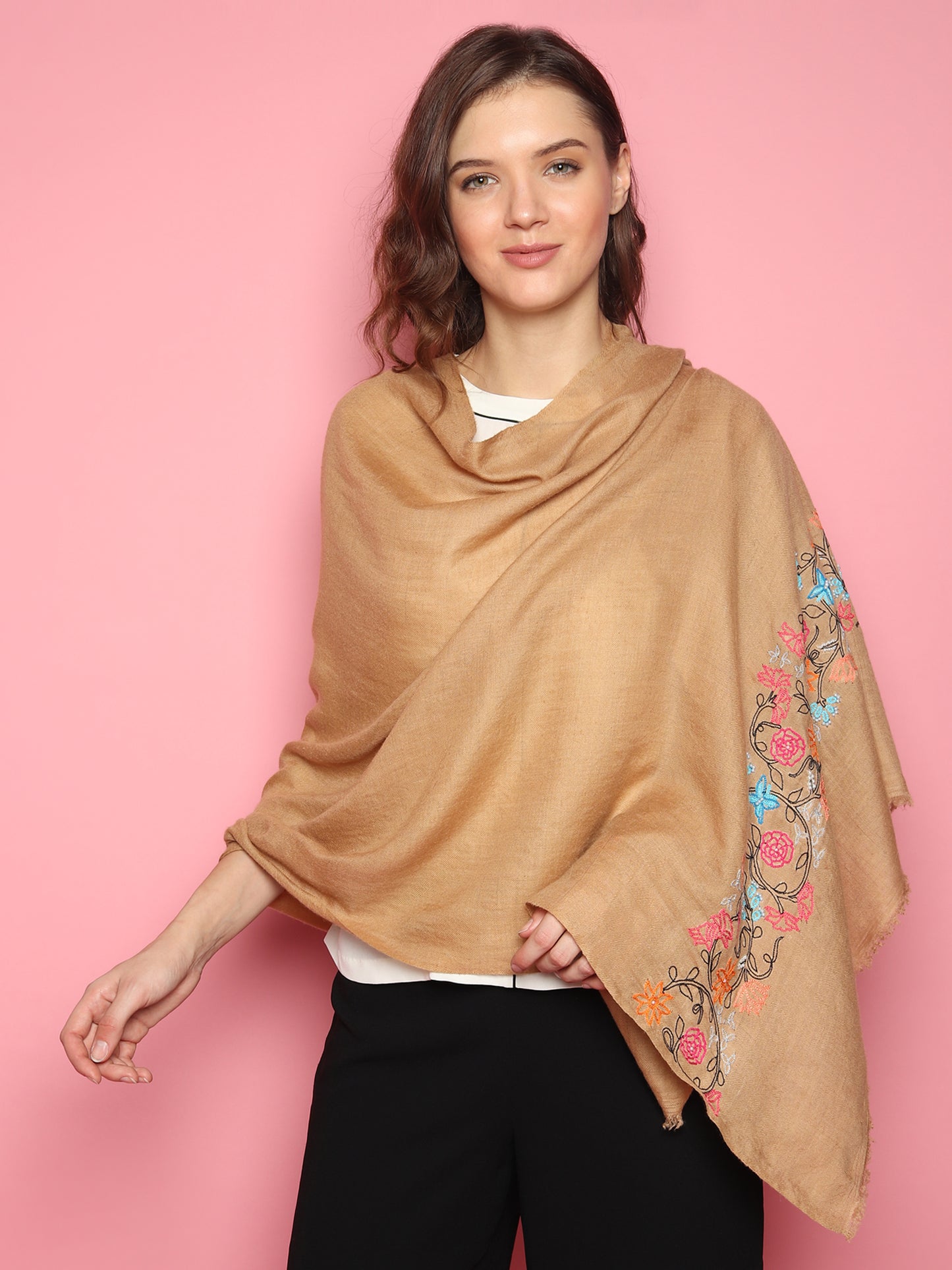 Brown Pure Pashmina Shawl with hand embroidered floral pattern