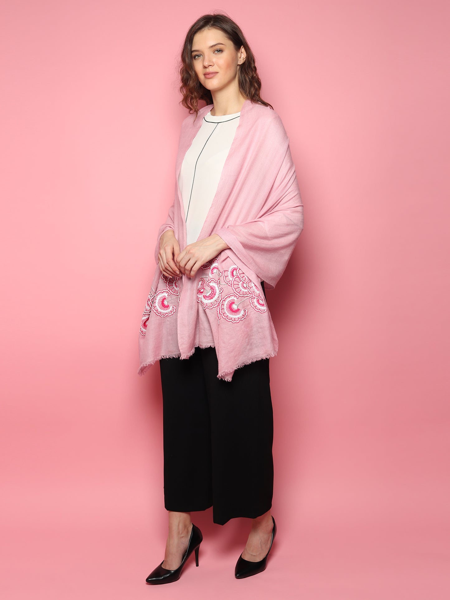 Baby Pink Pure Pashmina Shawl with hand embroidered floral artwork