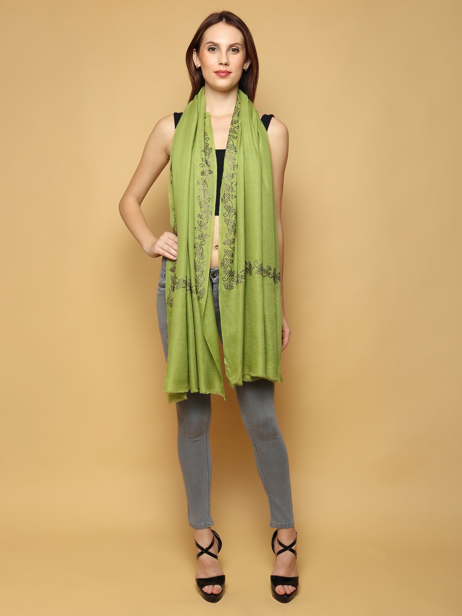 Green Pashmina Shawl with Swarovski crystal umbrellas