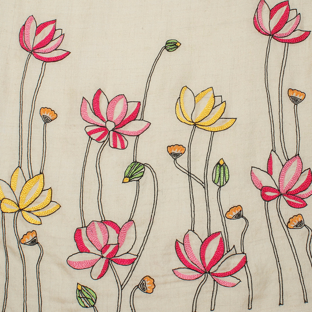 White Pure Pashmina Shawl with hand embroidered floral lotus pattern