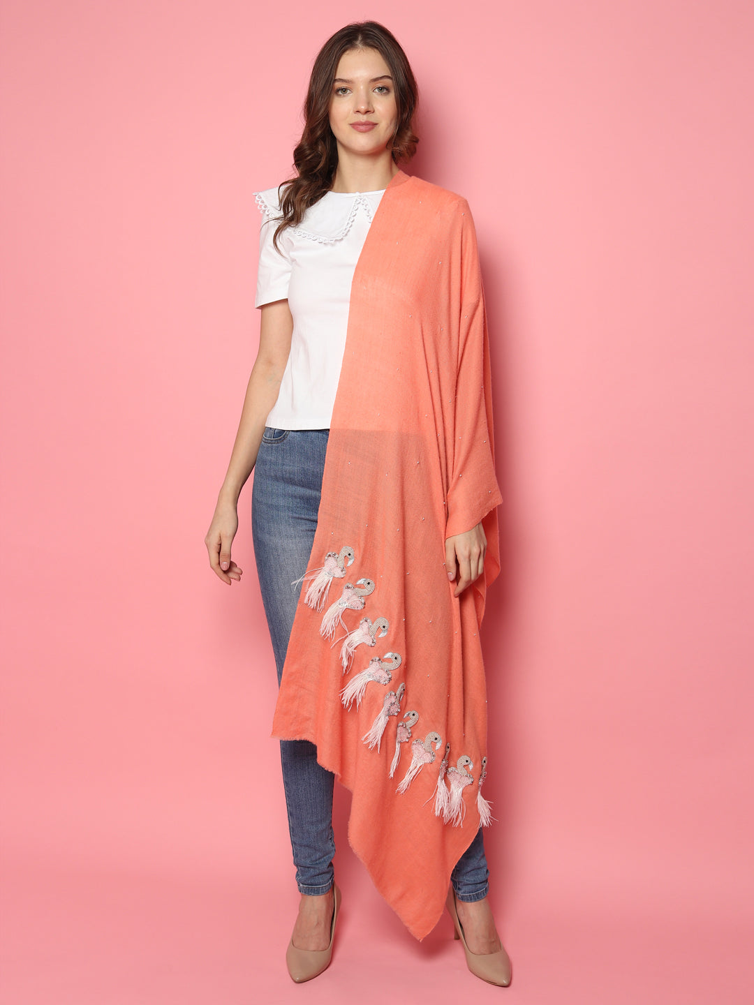 Peach Pure Pashmina Shawl with feather bird design