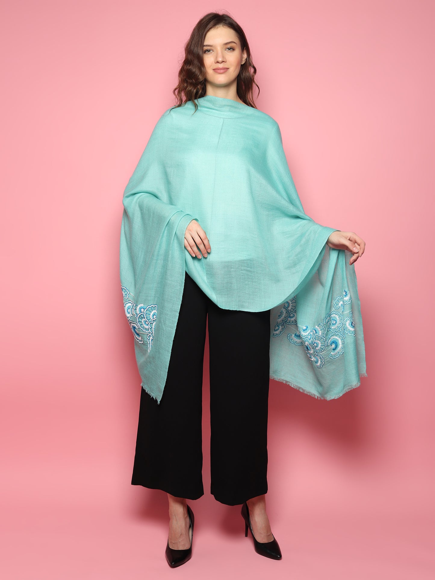 Turquoise Blue Pure Pashmina Shawl with hand embroidered floral pattern