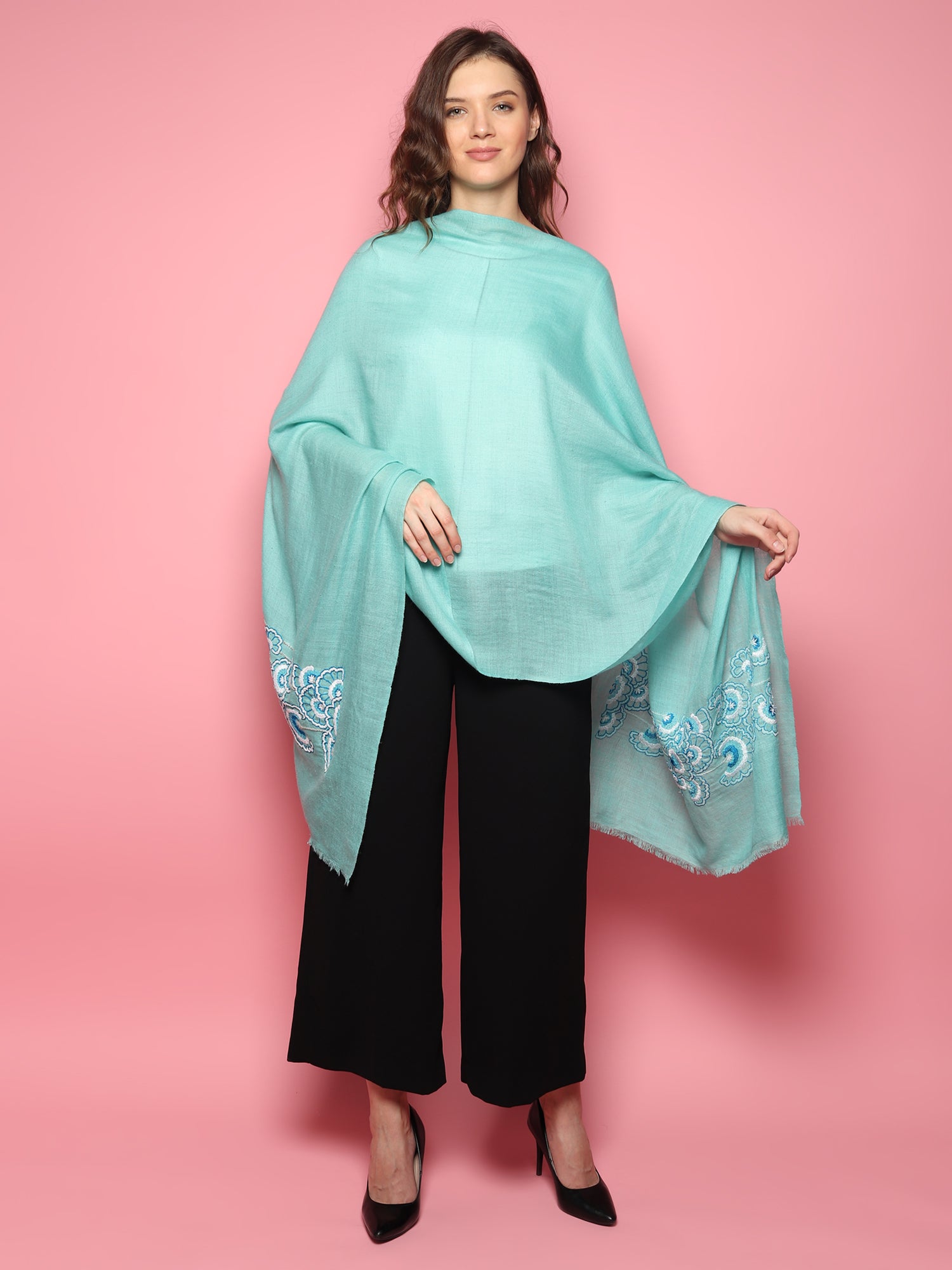 Turquoise Blue Pure Pashmina Shawl with hand embroidered floral pattern