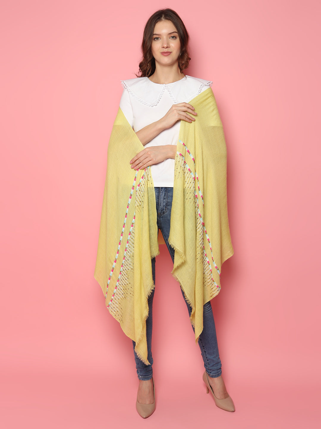 Lemon Yellow Pure Pashmina Shawl with abstract geometric embroidery