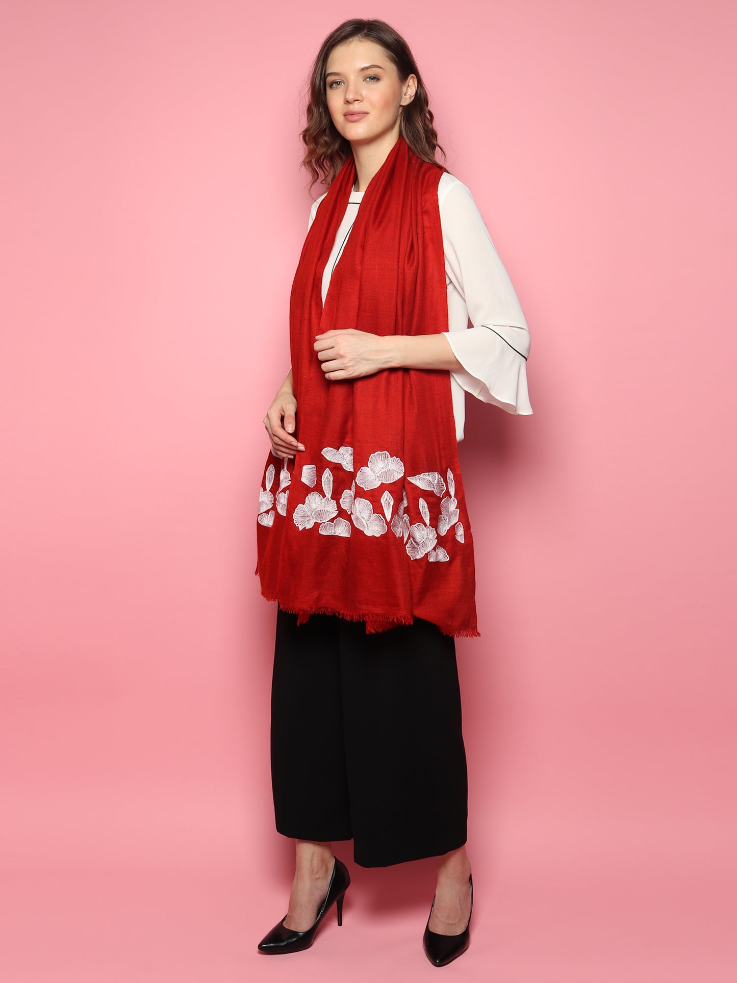 Red Pure Pashmina Shawl with white floral hand embroidery