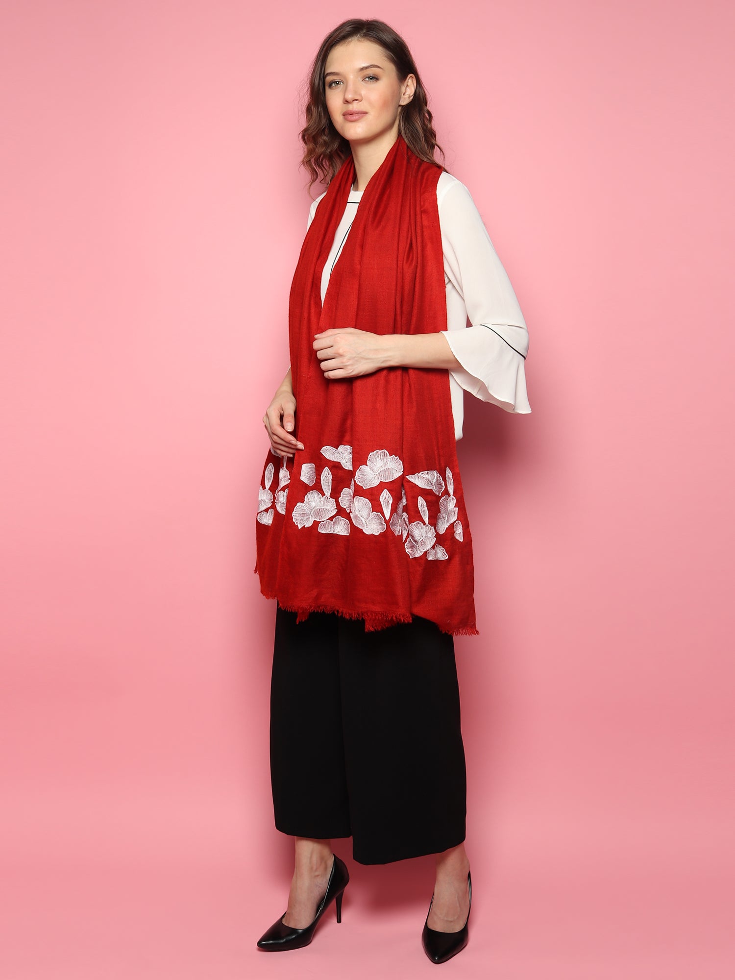 Red Pure Pashmina Shawl with white floral hand embroidery