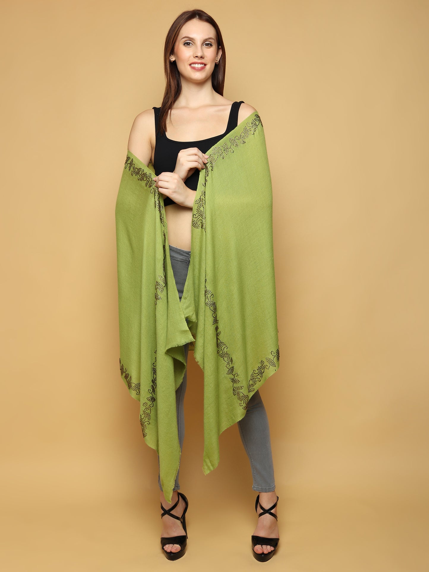 Green Pashmina Shawl with Swarovski crystal umbrellas