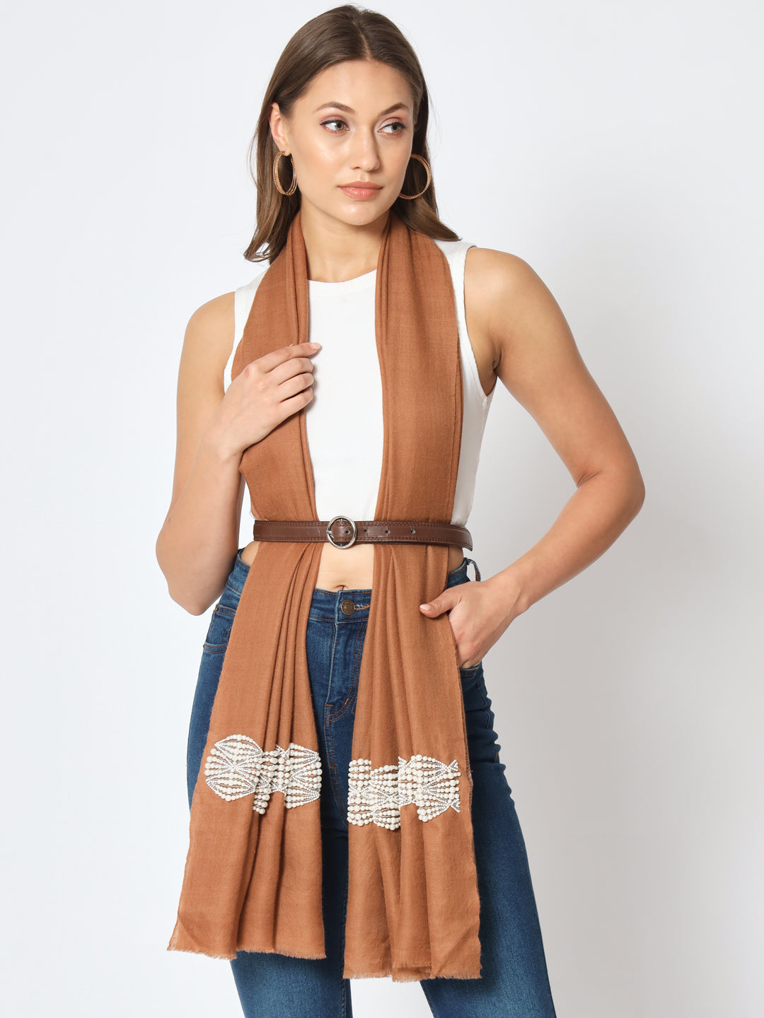 Brown Pure Pashmina Shawl embellished with pearls