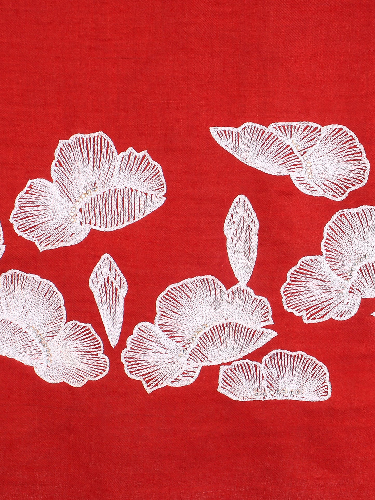 Red Pure Pashmina Shawl with white floral hand embroidery