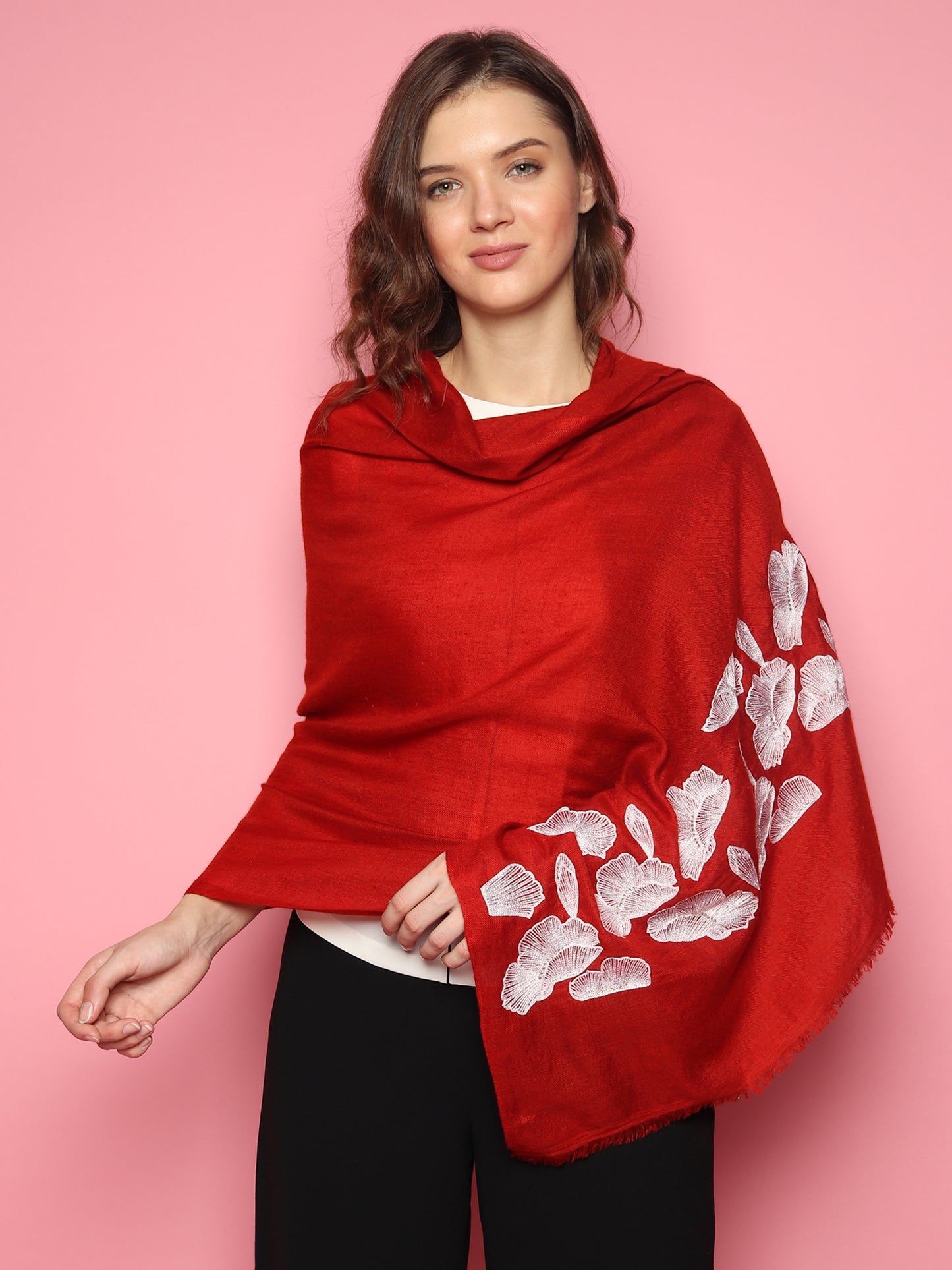 Red Pure Pashmina Shawl with white floral hand embroidery