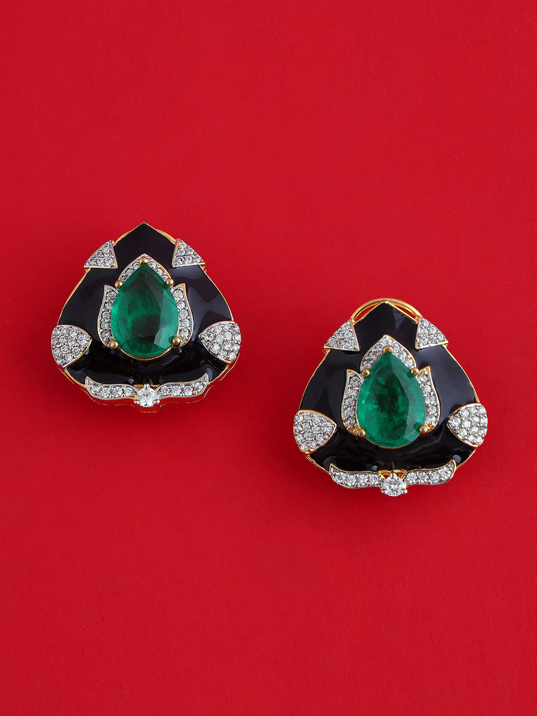Geometric black and emerald-green stone stud earrings