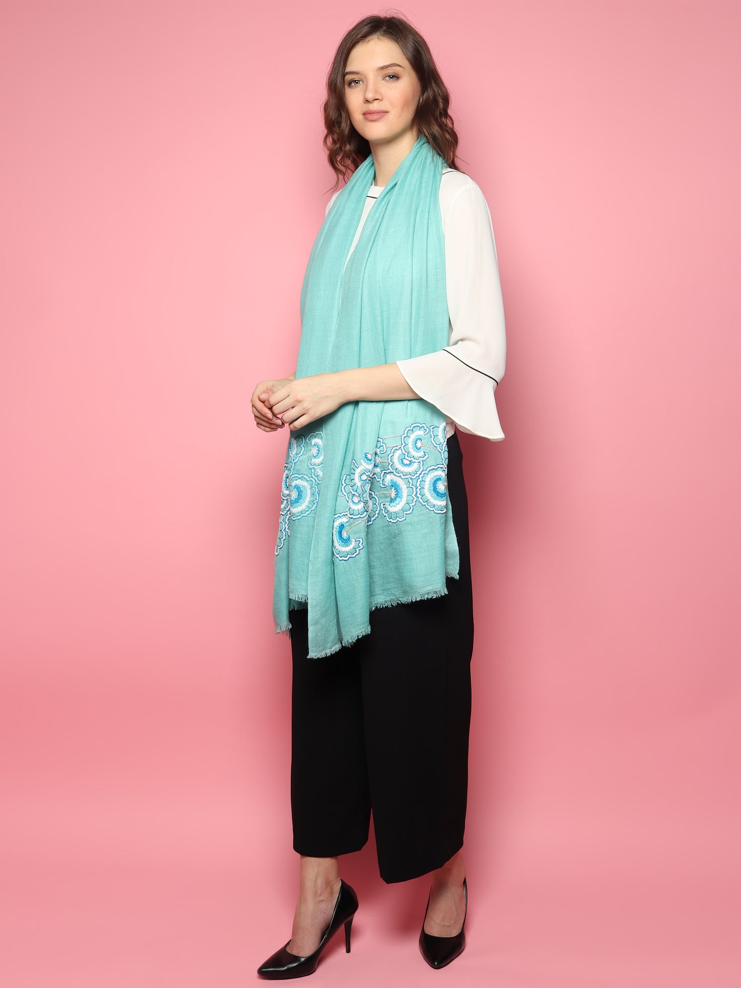 Turquoise Blue Pure Pashmina Shawl with hand embroidered floral pattern