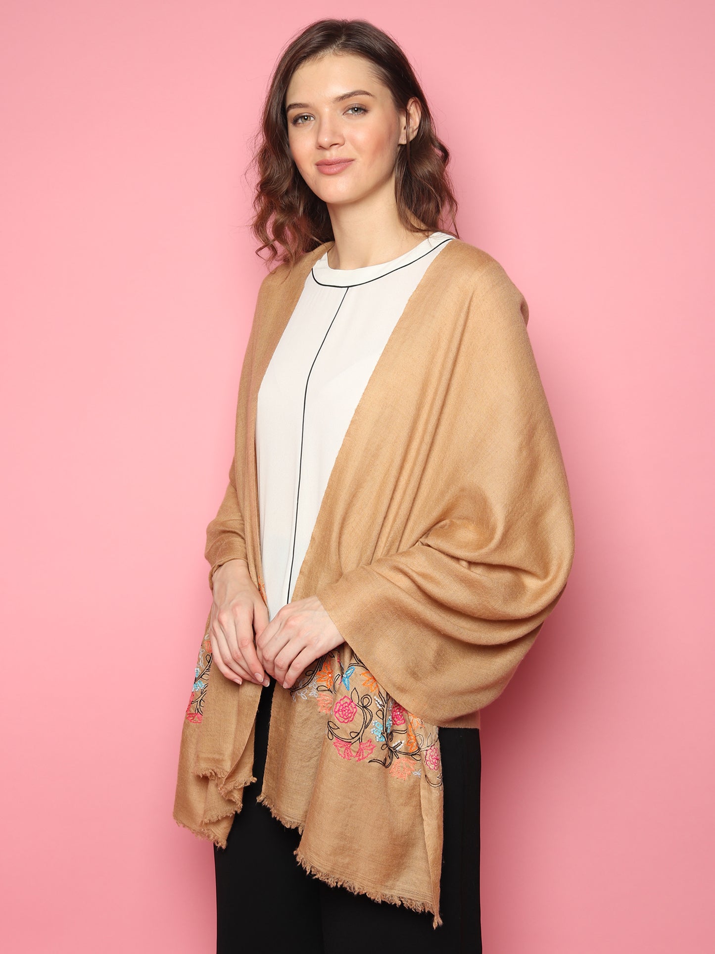 Brown Pure Pashmina Shawl with hand embroidered floral pattern
