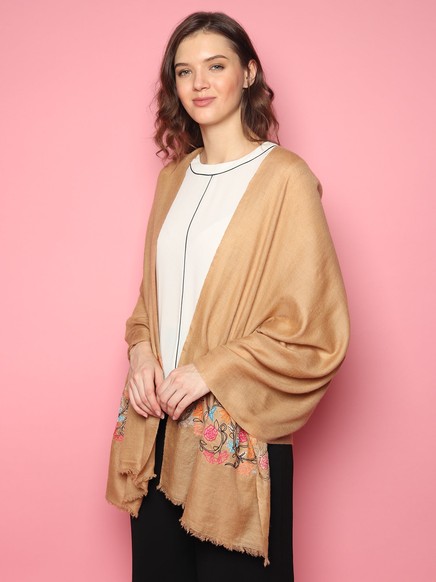 Brown Pure Pashmina Shawl with hand embroidered floral pattern