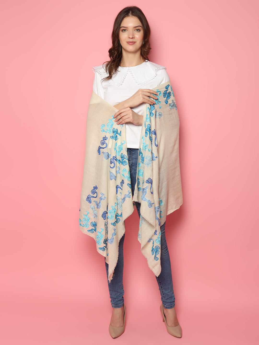 White Pure Pashmina Shawl with abstract swirl pattern