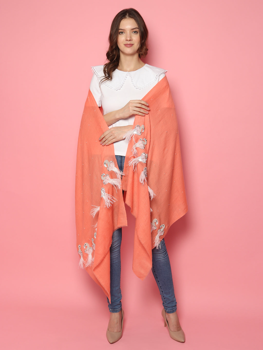 Peach Pure Pashmina Shawl with feather bird design