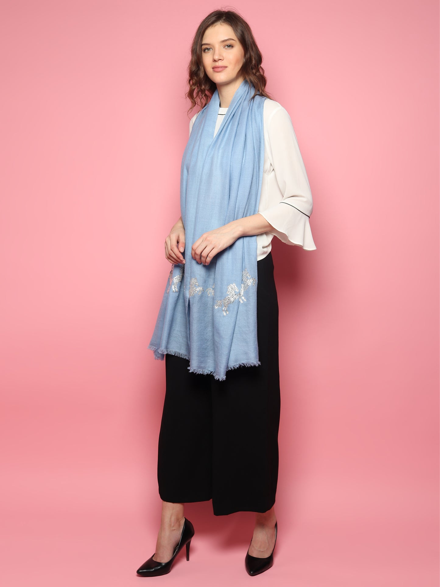 Blue Swarovski Pashmina Shawl with Crystal Horse Border