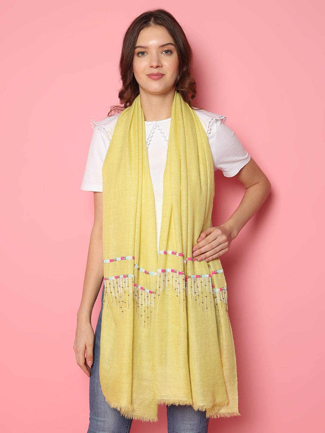 Lemon Yellow Pure Pashmina Shawl with abstract geometric embroidery