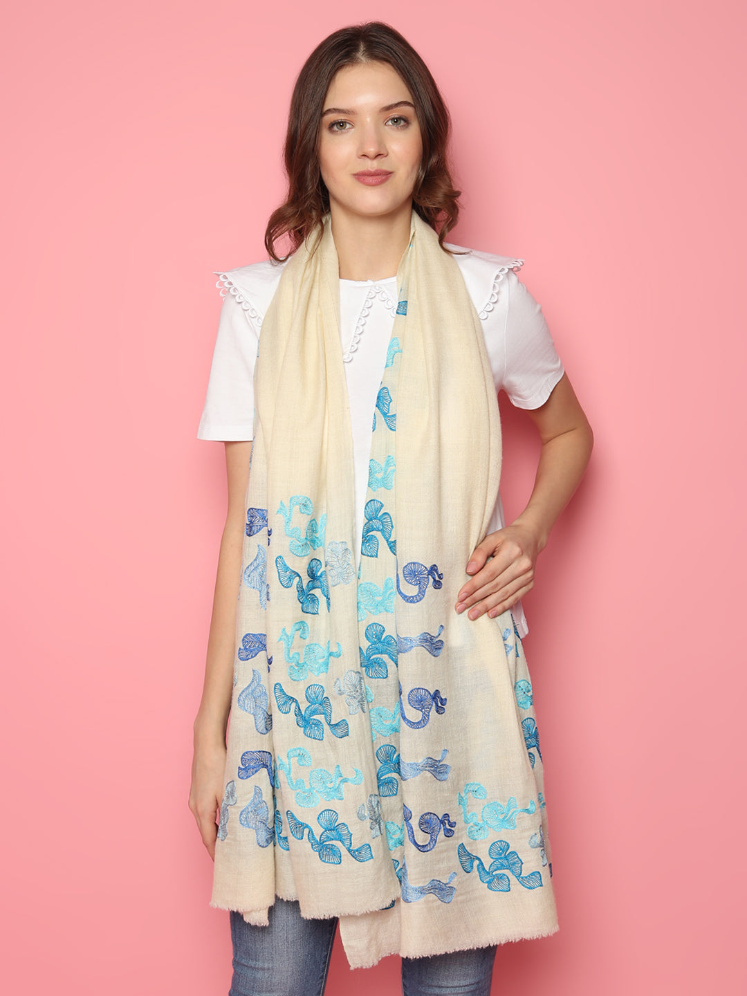 White Pure Pashmina Shawl with abstract swirl pattern