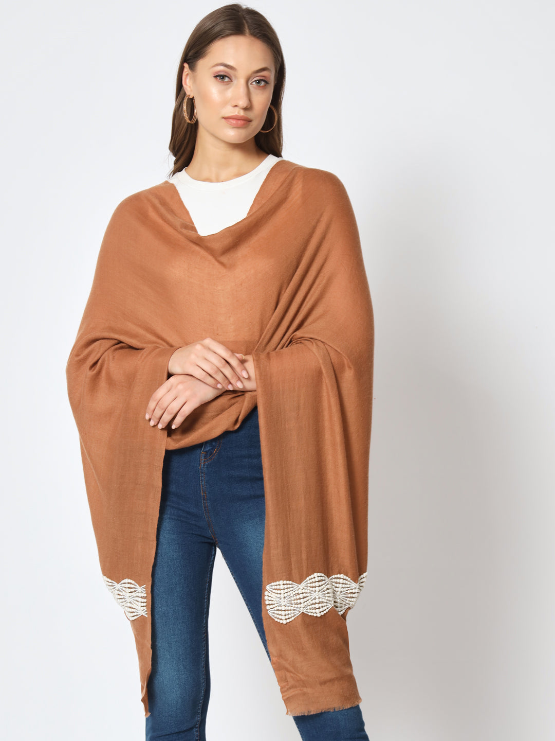 Brown Pure Pashmina Shawl embellished with pearls