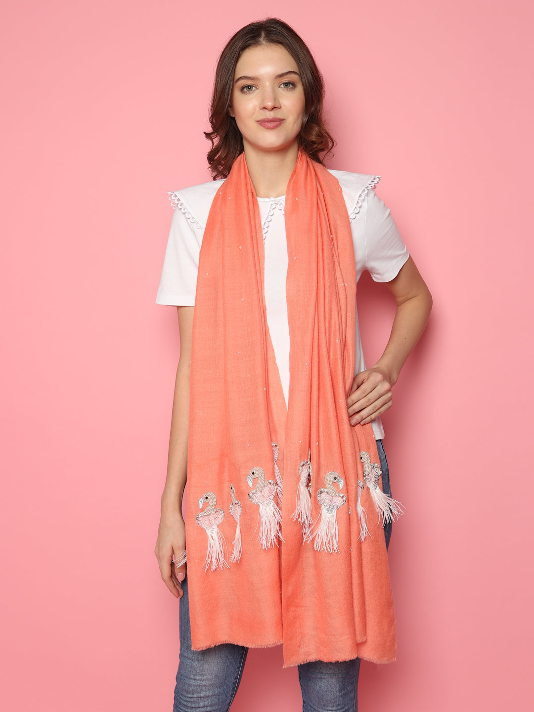 Peach Pure Pashmina Shawl with feather bird design