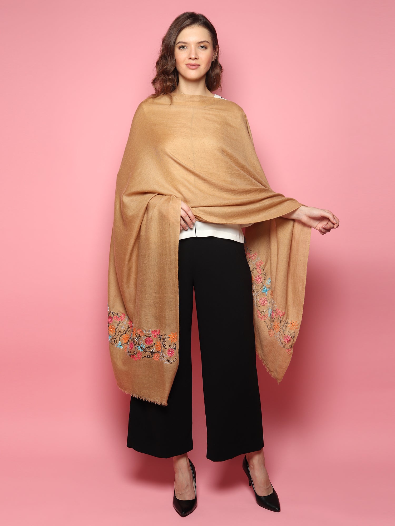 Brown Pure Pashmina Shawl with hand embroidered floral pattern