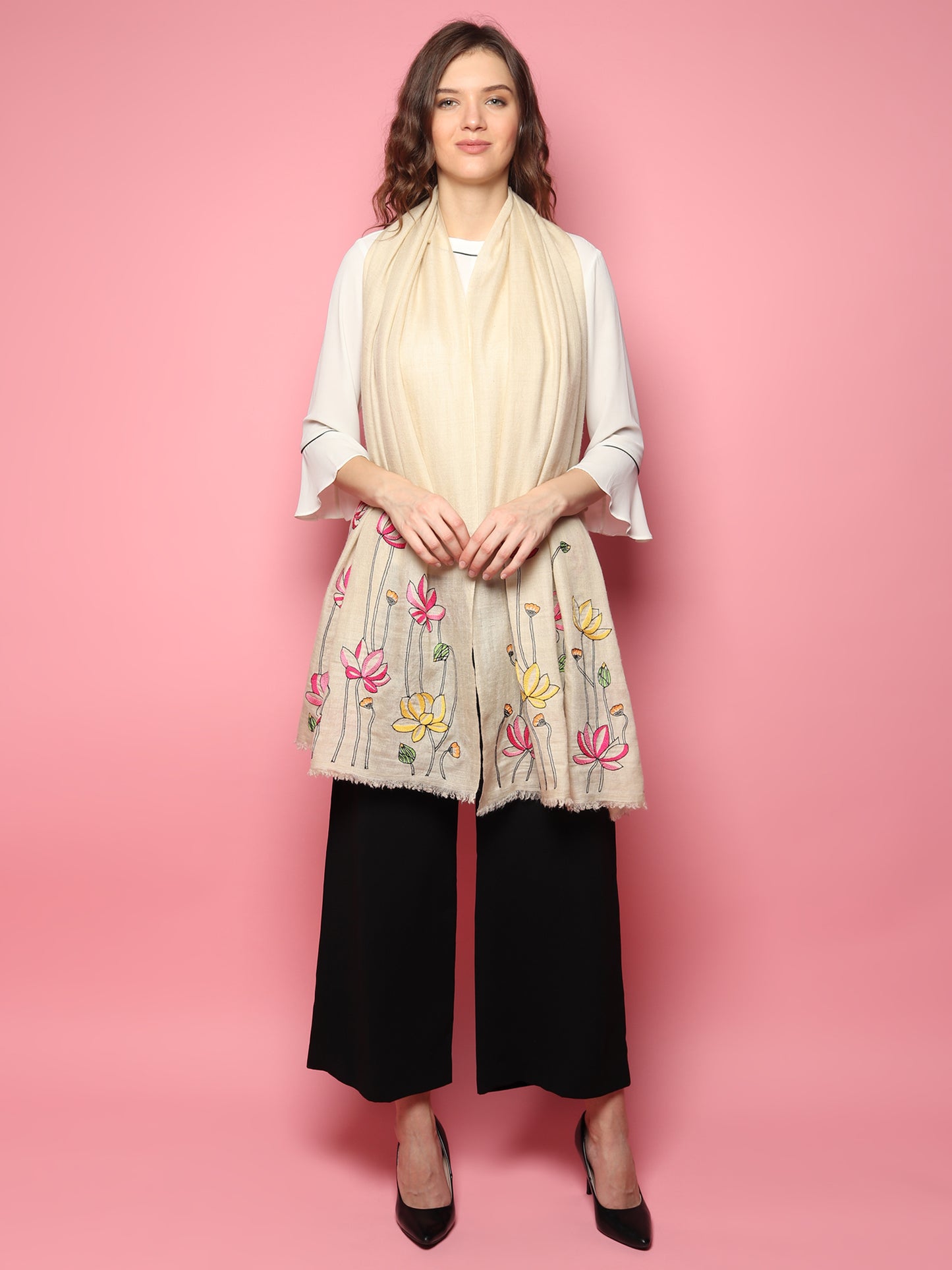 White Pure Pashmina Shawl with hand embroidered floral lotus pattern