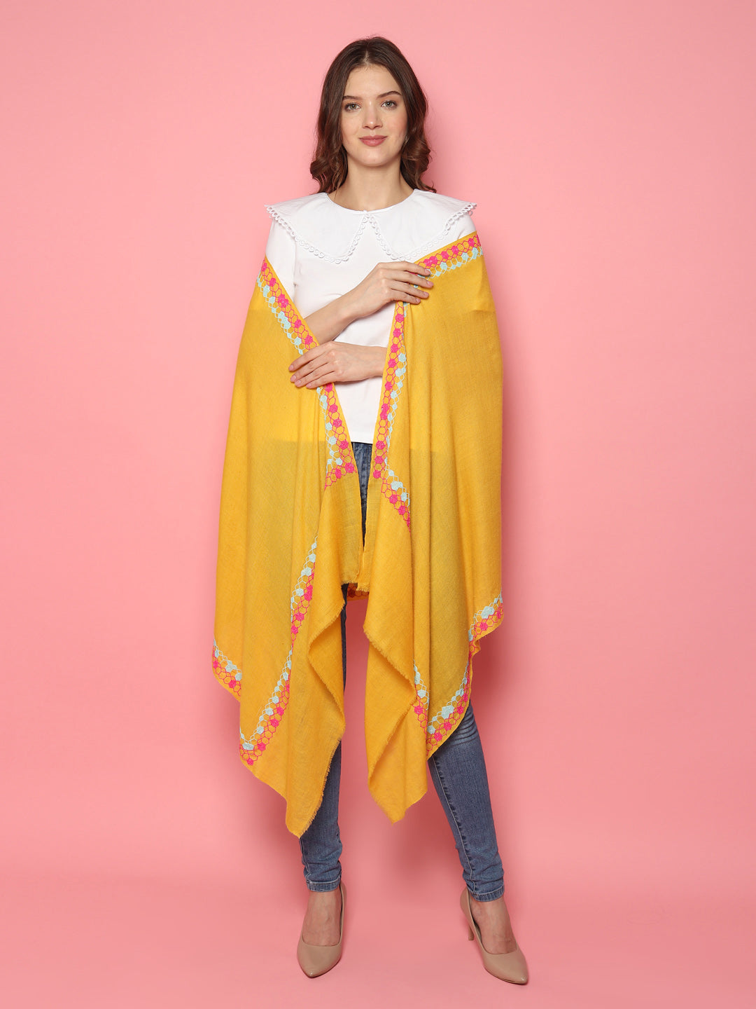 Bright Yellow Pure Pashmina Shawl with hand embroidered geometric border