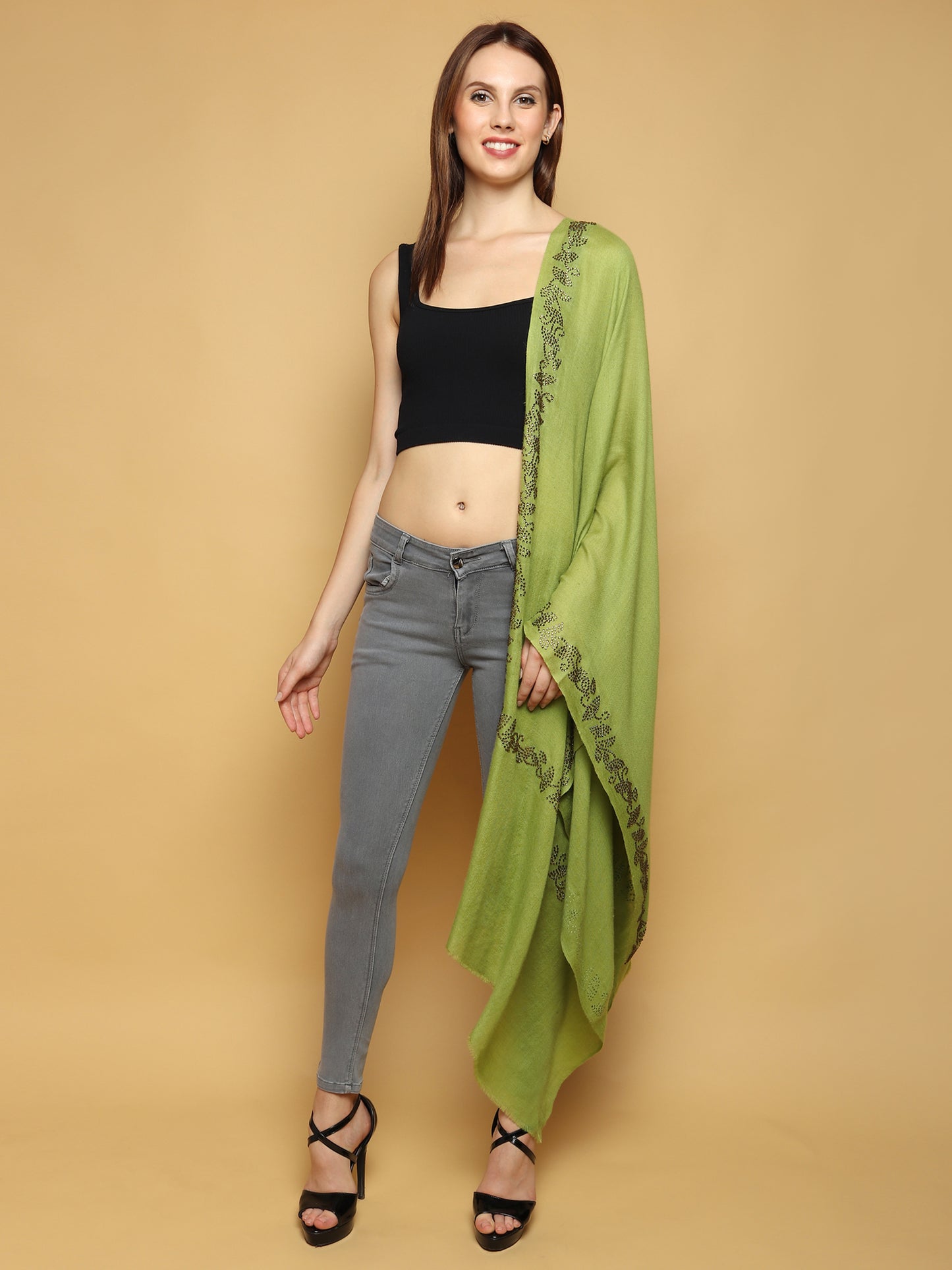 Green Pashmina Shawl with Swarovski crystal umbrellas
