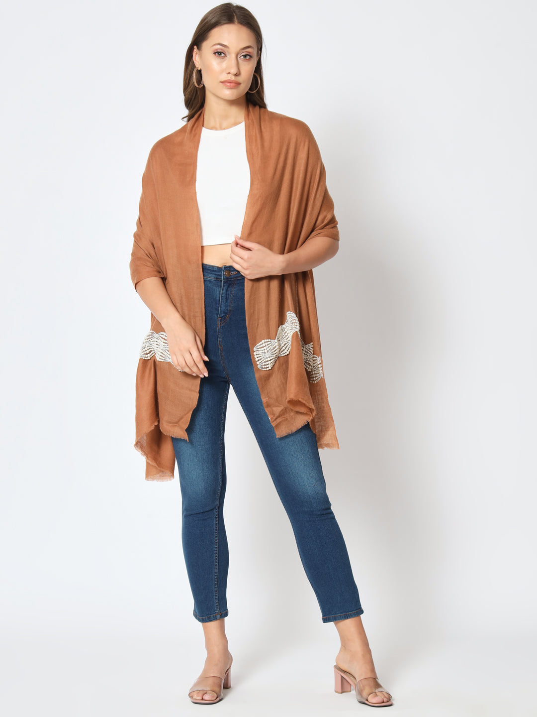 Brown Pure Pashmina Shawl embellished with pearls