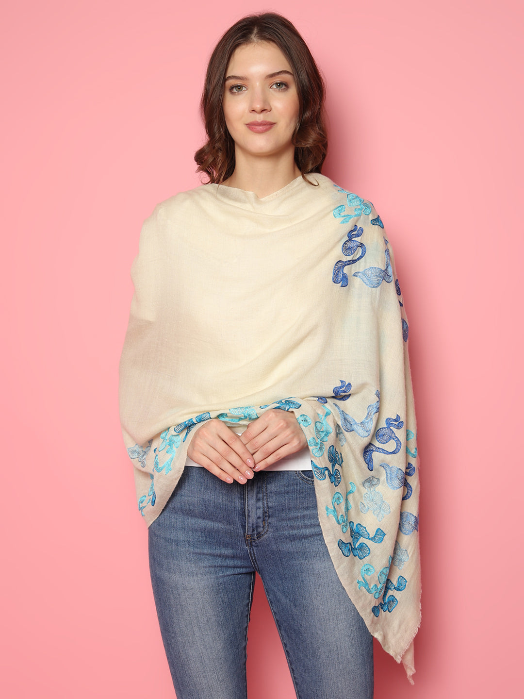 White Pure Pashmina Shawl with abstract swirl pattern
