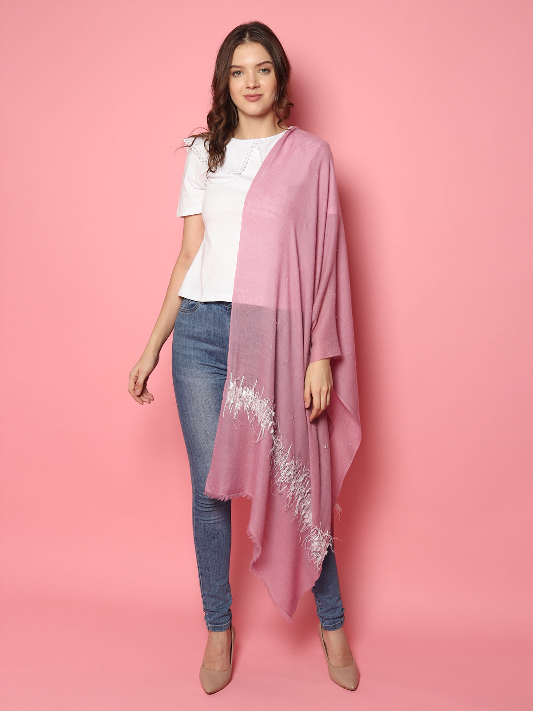 Pink Pure Pashmina Shawl with hand embroidered feather border
