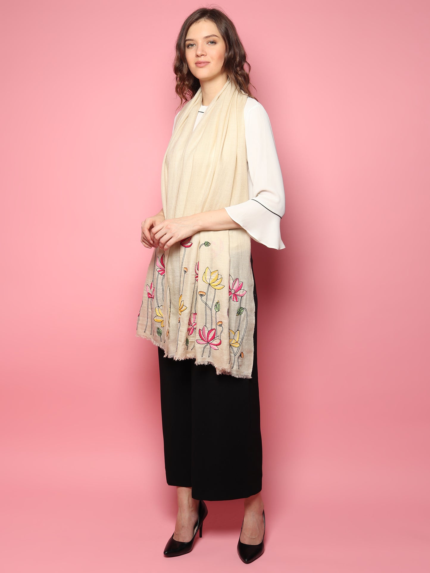 White Pure Pashmina Shawl with hand embroidered floral lotus pattern