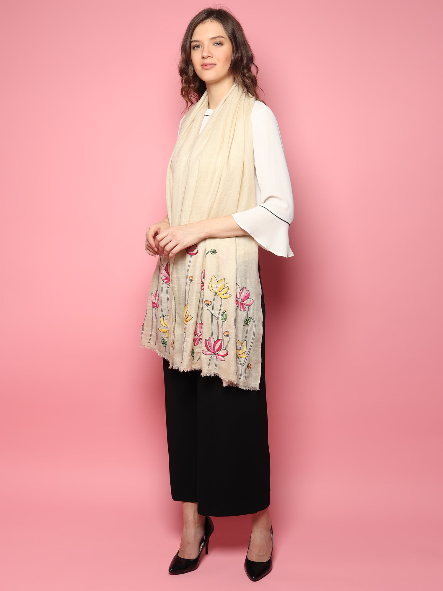White Pure Pashmina Shawl with hand embroidered floral lotus pattern