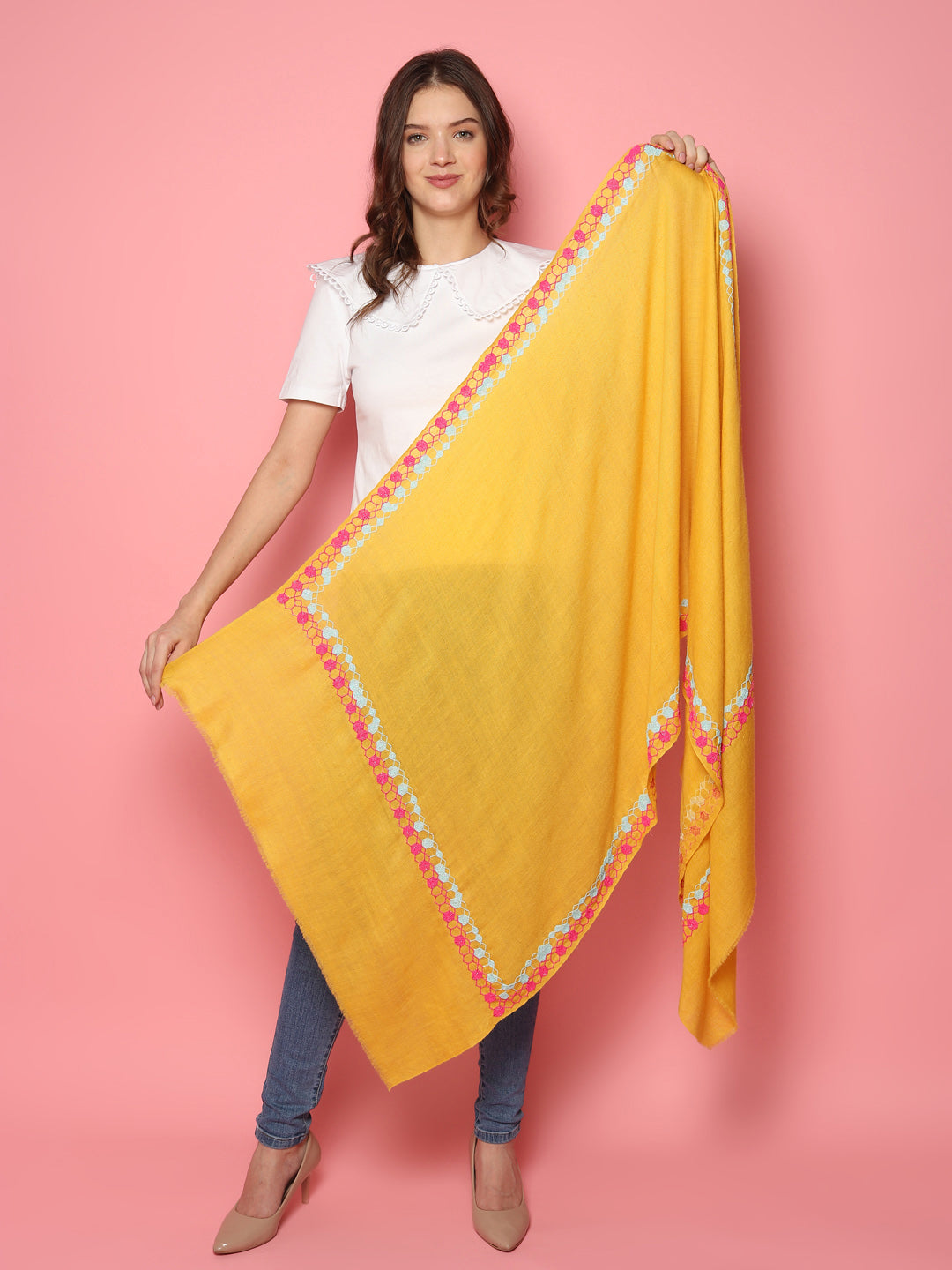 Bright Yellow Pure Pashmina Shawl with hand embroidered geometric border