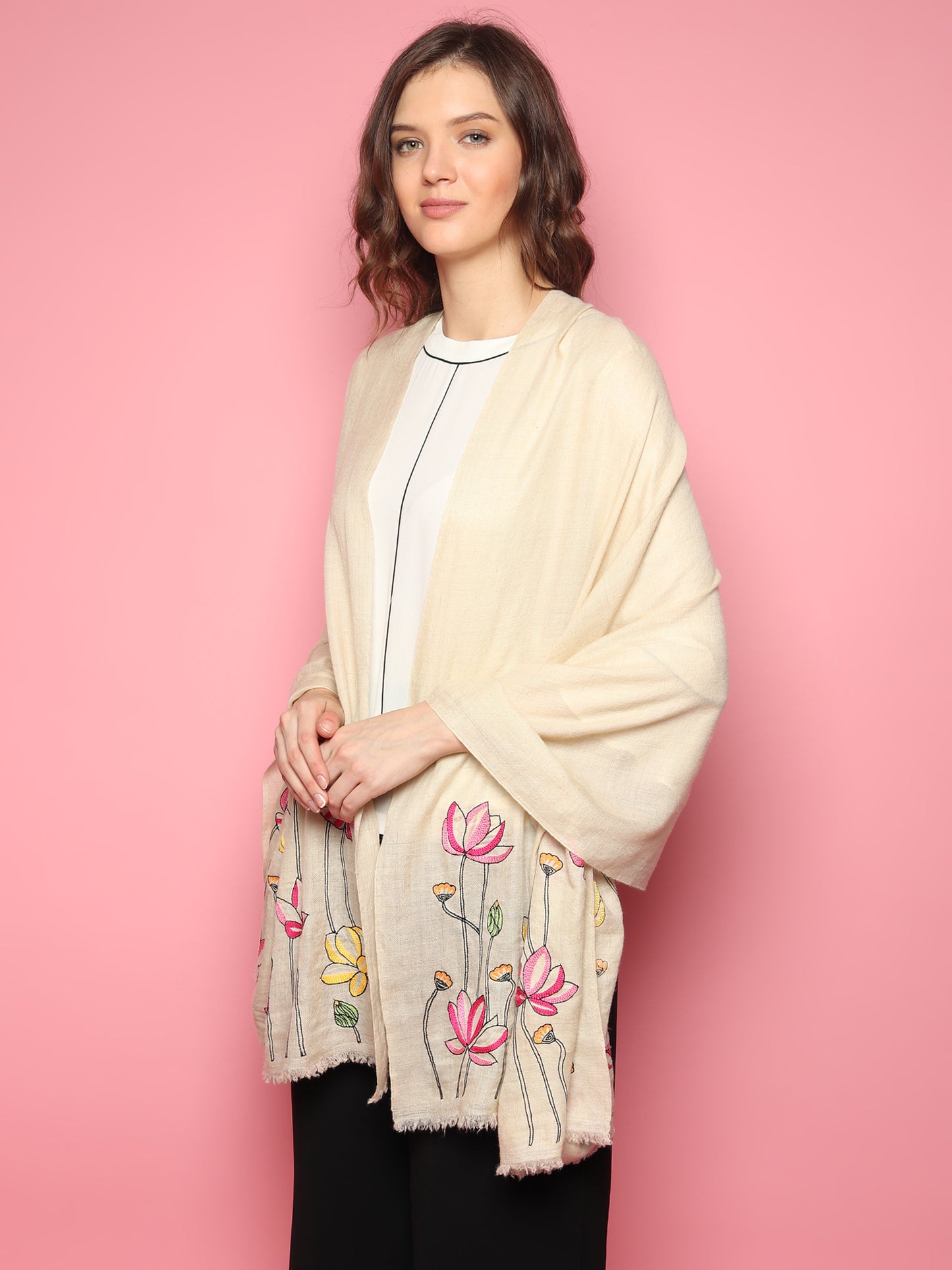 White Pure Pashmina Shawl with hand embroidered floral lotus pattern