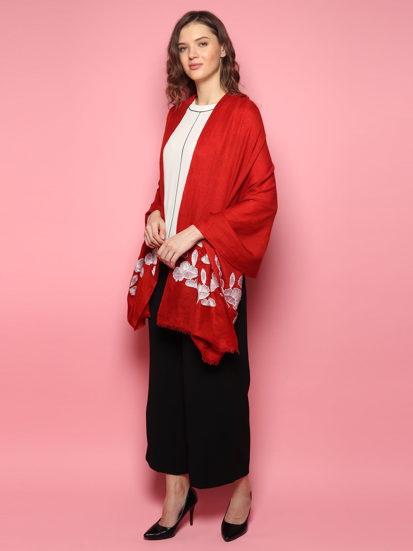 Red Pure Pashmina Shawl with white floral hand embroidery